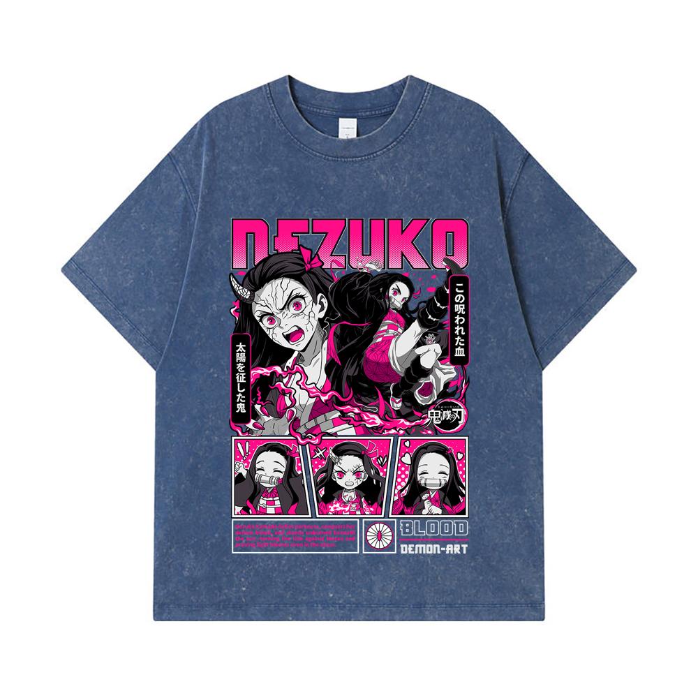 275 GSM Washed T-shirts 100% Cotton Demon Slayer V56 Nezuko Print Unisex Heavy Cotton T Shirt