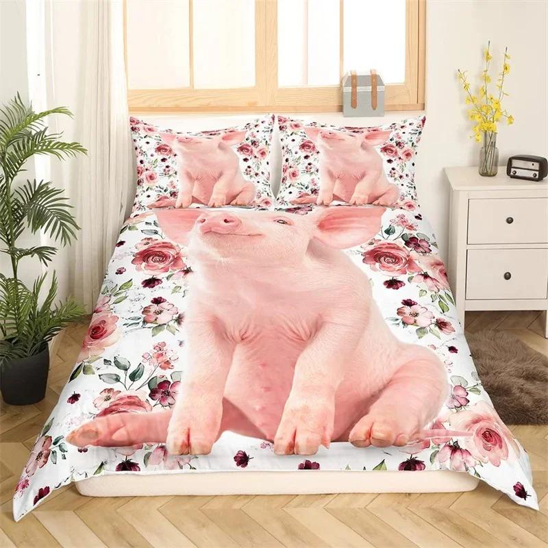 Farm Animal Duvet Cover Kawaii Pig Bedding Set Polyester Pigs Floral Comforter Cover Twin King For Teen Boy Girl Gift Room Decor