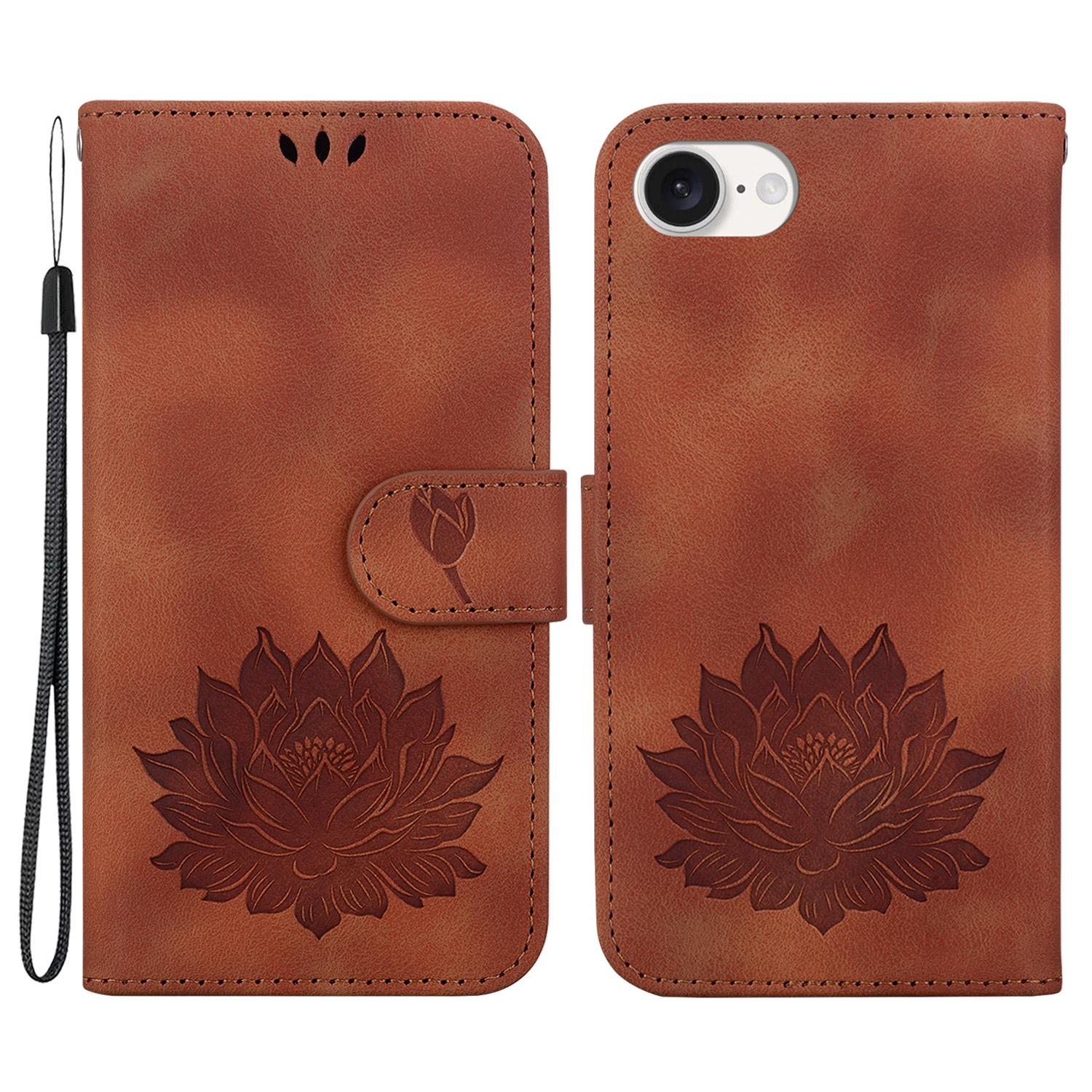 

For iPhone 16e Case PU Leather Lotus Imprinted Phone Cover with Strap Brown
