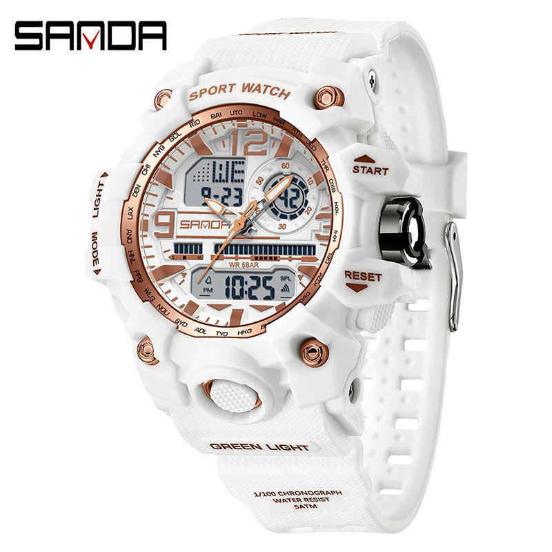 SANDA Women's Trendy LED Dual Display Waterproof Watch with Hourly Chime