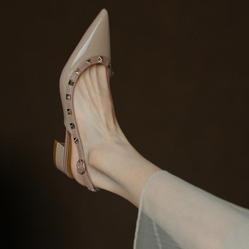 Summer New Rivets with Buckles, Middle Heel, Spring Bag Head, Pointed Head, Thick Heel, Willow Shoes, Cool Slippers for Women