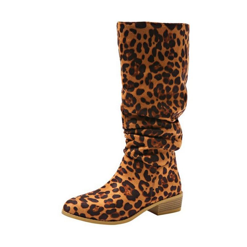 Large size leopard print tall tube but knee fashion boots autumn and winter square and round head women's boots