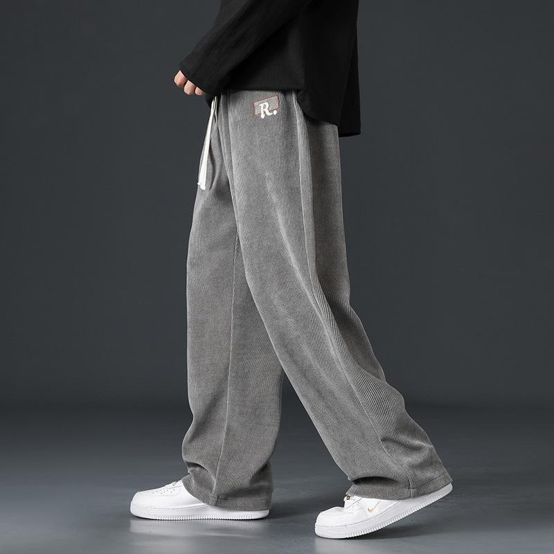 Men's Corduroy Wide Leg Pants Casual Letter Patch Drawstring Waist Streetwear Bottoms