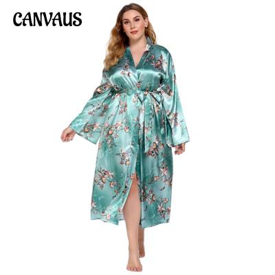 Spring and Autumn Women's Pajamas Large Size Home Dress Pajamas Bathrobe Imitation Silk Color Ding Print Home Casual Nightgown