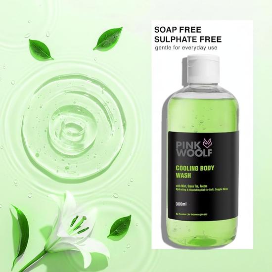 Pink Woolf Cooling Body Wash Gel, Green Tea And Mint For Hydrating & Nourishing Gel For Soft Skin, Paraben & Sulphate Free - 300ml (Pack Of 1)