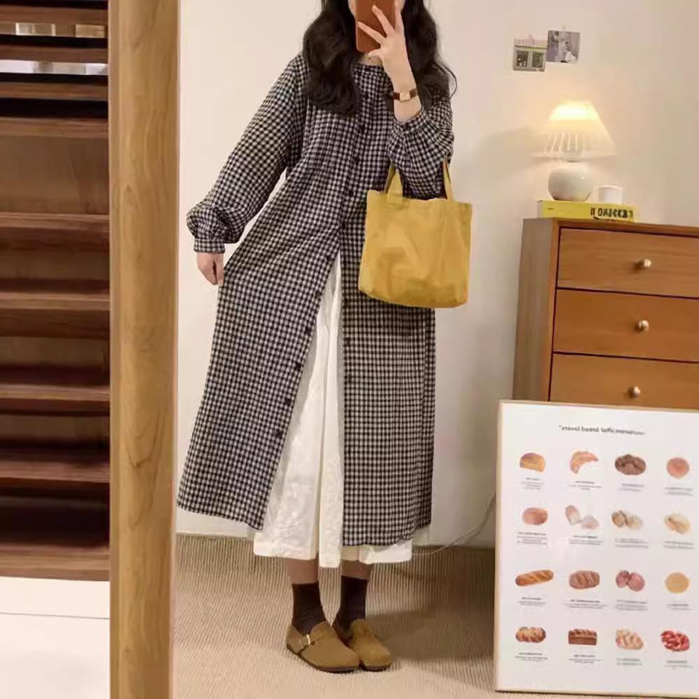 Retro plaid long-sleeved shirt skirt 2025 autumn stacking lazy style small temperament cotton and linen dress