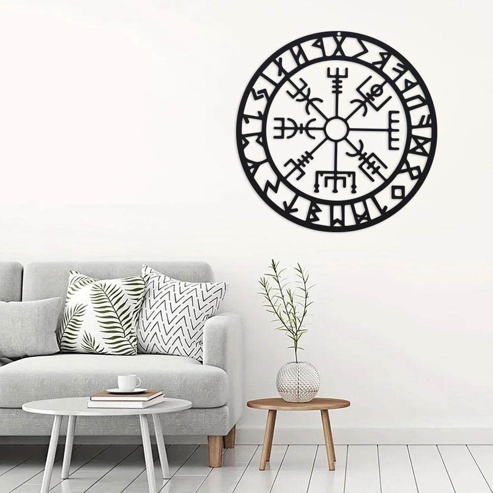 Metall Wikinger Wanddeko, Nordische Metall Wikinger Wandkunst für Schlafzimmer Wohnzimmer Zuhause, Schwarzes verwittertes Metall Kompass Kunstwerk