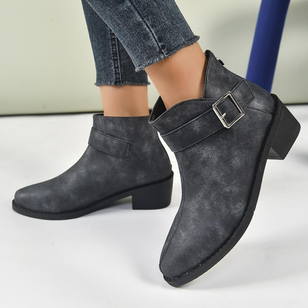 European and American Solid Color Thick Heel Metal Buckle British Style Short Boots Women's Martin Boots Women's Boots