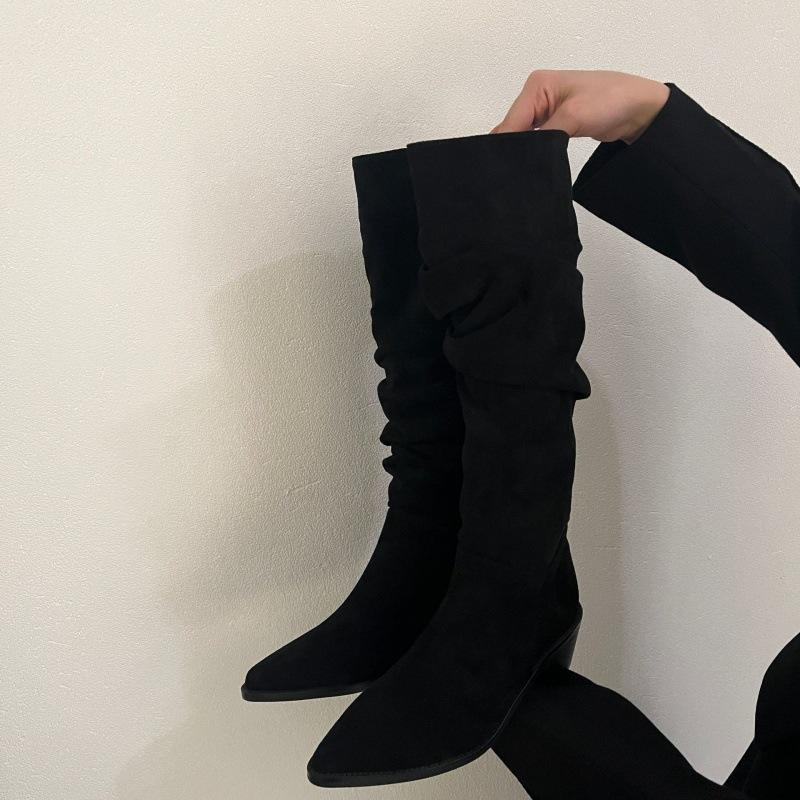 2025 autumn and winter new French retro stacking boots western cowboy boots long women's boots Korean version thick high heel