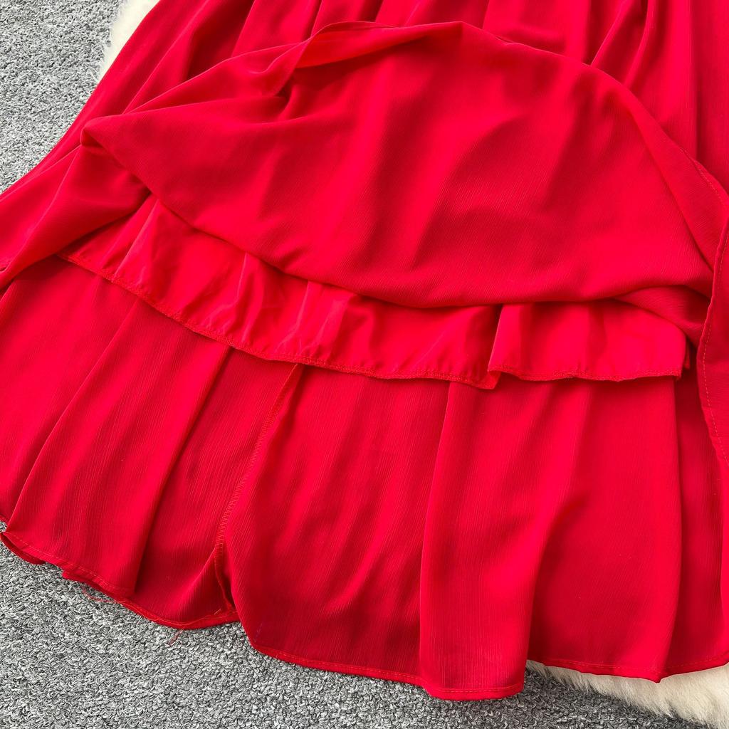 French Retro V-neck Three-dimensional Flowers Lantern Sleeve Dress Women's Waisted Temperament Swing Knee-length Elegant Long Dress