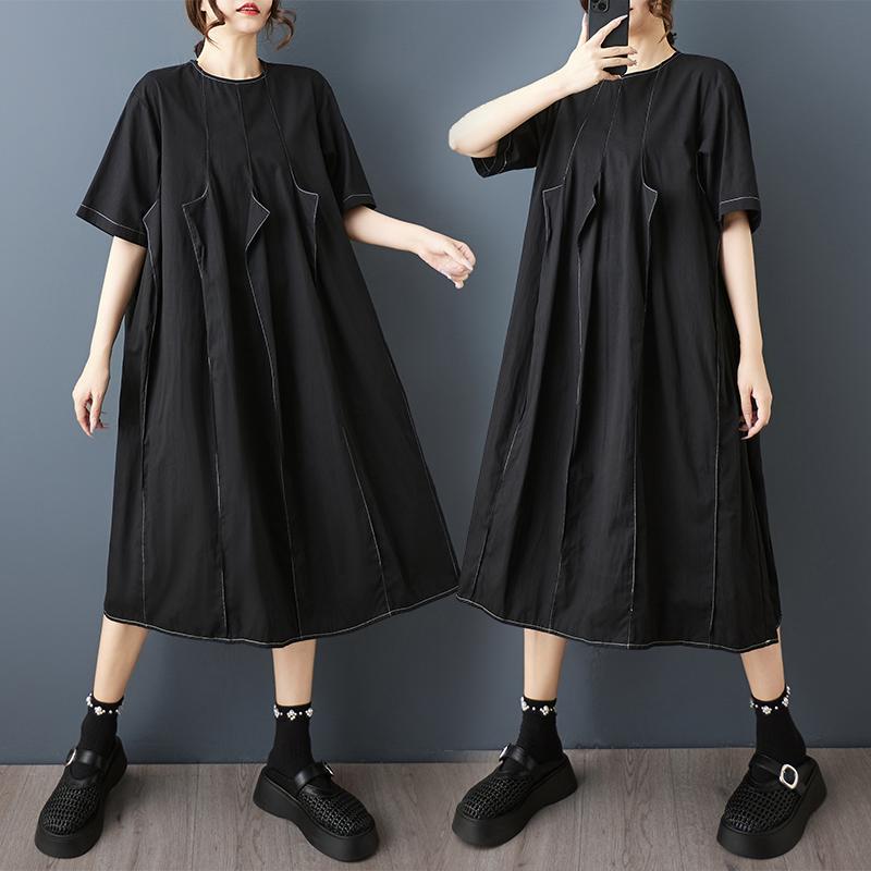 Dimanaf New 2025 Plus Size Summer Dress Women Basic Black Casual Short Sleeve Dress Loose Long Dress