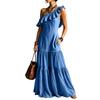 Women Sleeveless One Shoulder Dress Ruffle Trim Maxi Length Layered Hem Summer Casual Dress