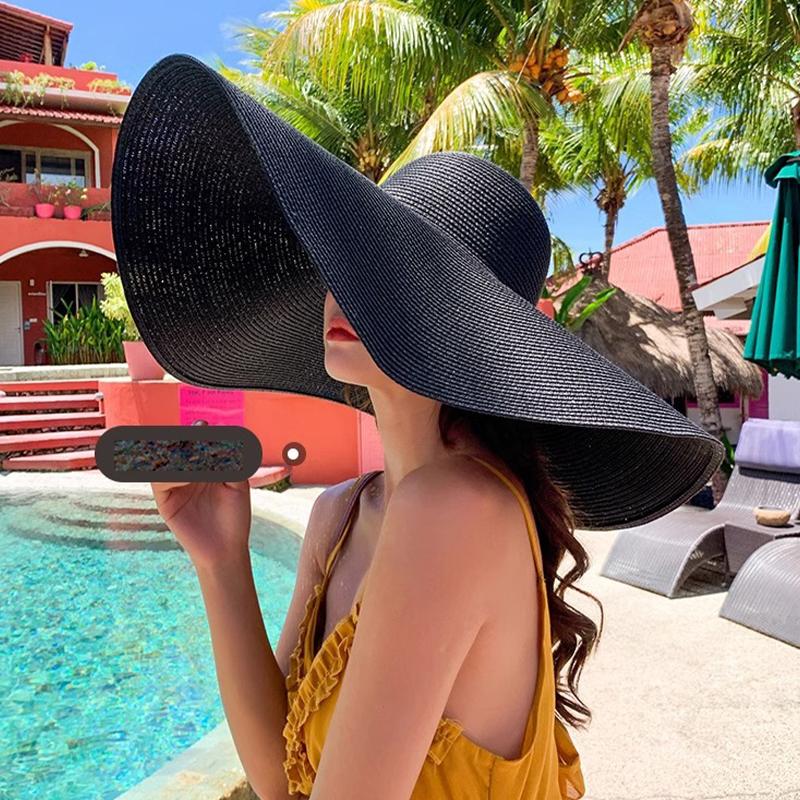 Chapeau à très large bord pour femmes, protection solaire, chapeau de plage en paille, chapeau de soleil de voyage, été au bord de la mer, grand bord 20 cm