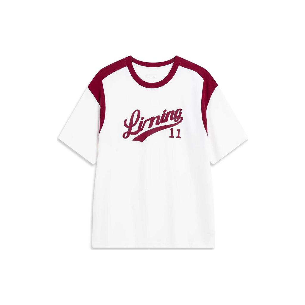 Li-Ning American Vintage Letter Print Color Block Loose Round Neck Short Sleeve Drop Shoulder T-Shirt Unisex T-Shirt Off-White AHST855-3