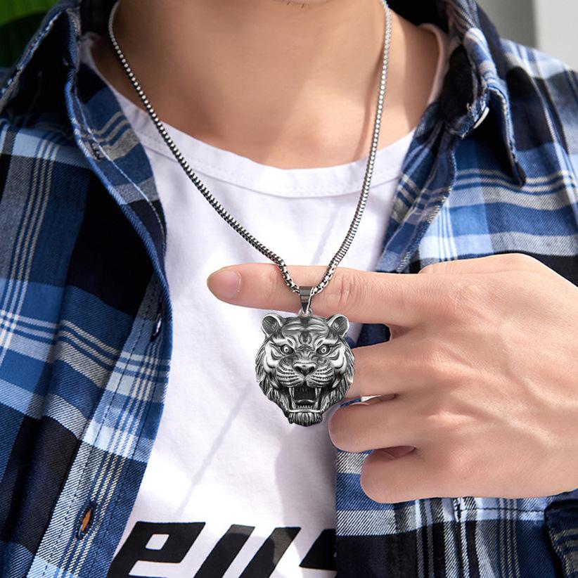 Hip Hop Ins Male Fashion Tiger Pendant China-Chic Chinese Zodiac Tiger Head Necklace Retro Pendant