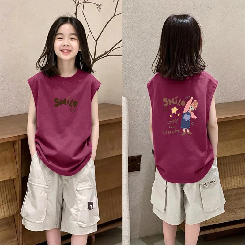Girls' Trendy Sleeveless Cotton Tee - Round Neck, Summer Style