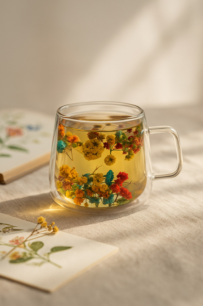200ML Double Walled Glass Cups with Real Dried Flowers Heat Resistant Clear Coffee Mugs Floral Design Tea Cups for Elegant Sipping