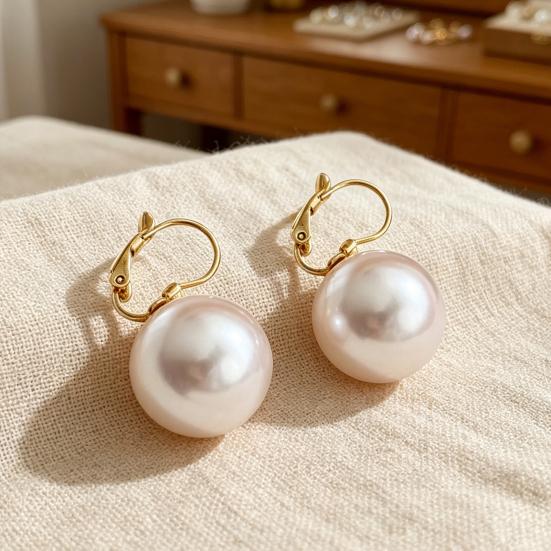 1 Pair Faux Pearl Dangle Earrings for Women, Gold Plated Drop Earrings, Large Faux Pearl Huggie Hoop Earrings