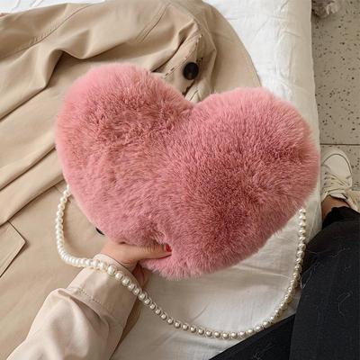 Woman Fashion Plush Bag with Pearl Chain Love Heart Bag Cute Woman Bag