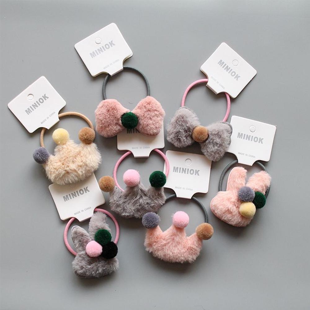 Buy Ponytail Girls Crown Elastic Rabbit Hairball Faux Fur Rubber Band ...