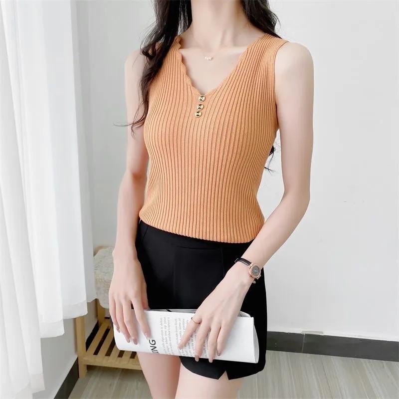 WTEMPO Ice Silk Solid Sport Camisole Women Slim Korean Casual V-Neck Vests Sleeveless Button Knitted Tank Tops