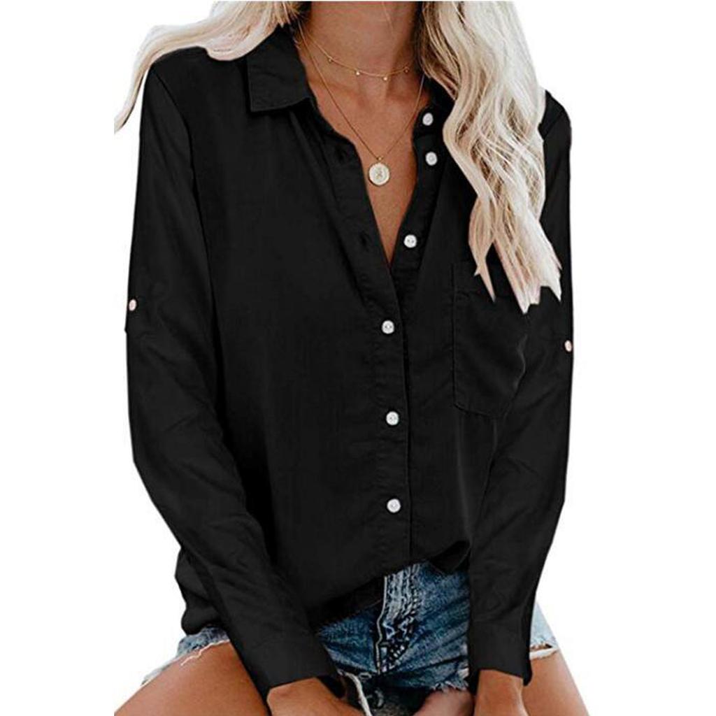 Fashion Women's Button Long Sleeve Lapel Pocket Top Shirt Blouses