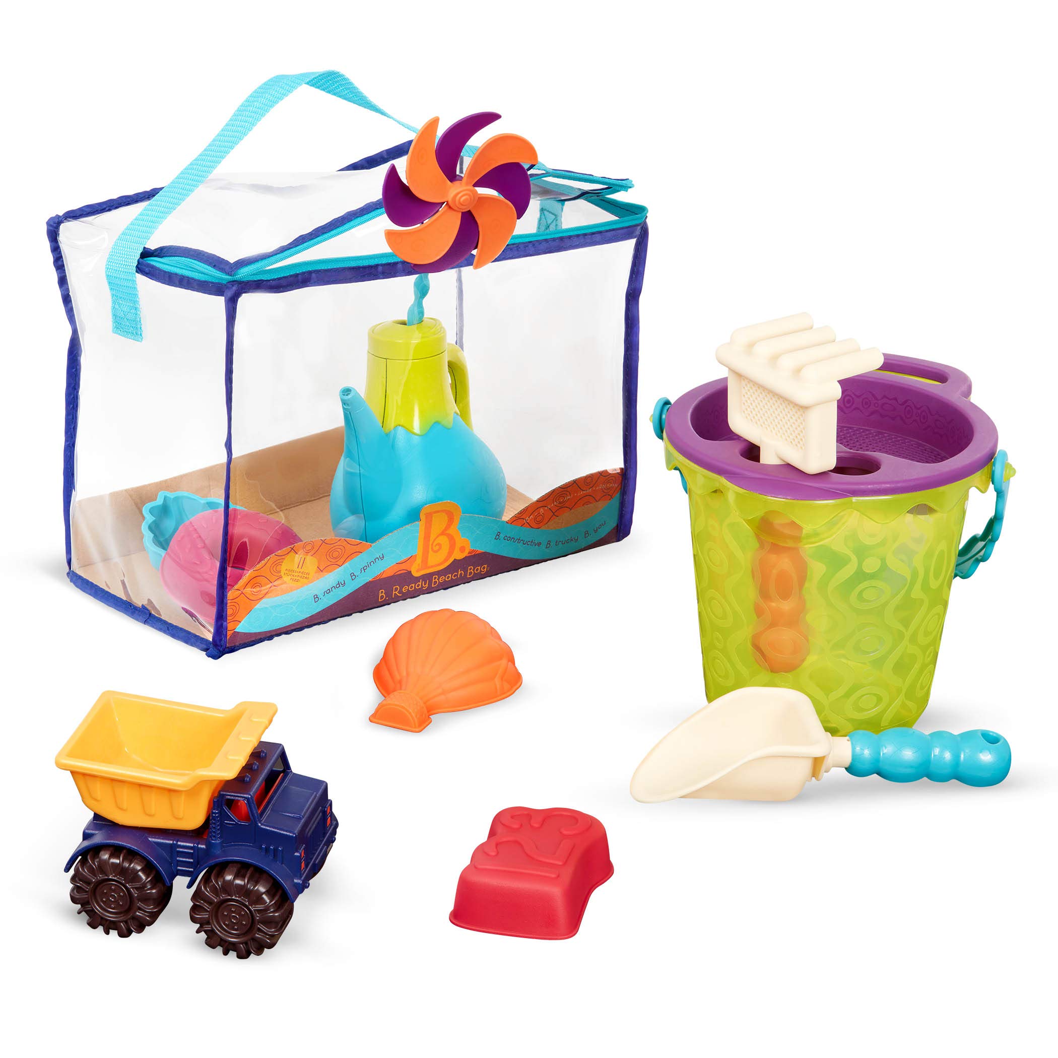 

B. Toys Sandbox Set, 10-Piece Set with Sand Toys and Truck Toy, Summer Beach Bag, Ages 18 Months and Up, Authentic