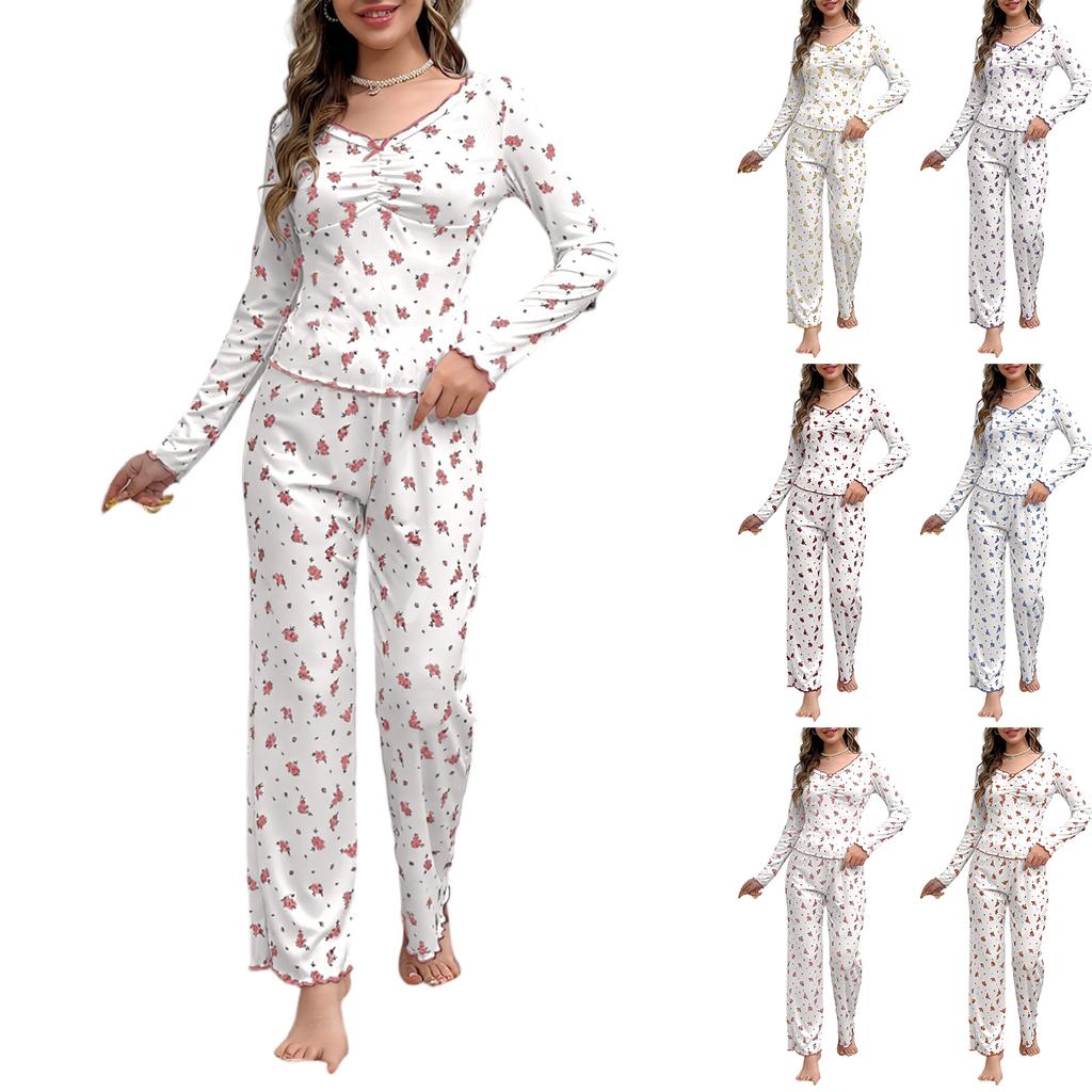Women's Long-sleeved Pajamas And Pants Suit With Floral Print