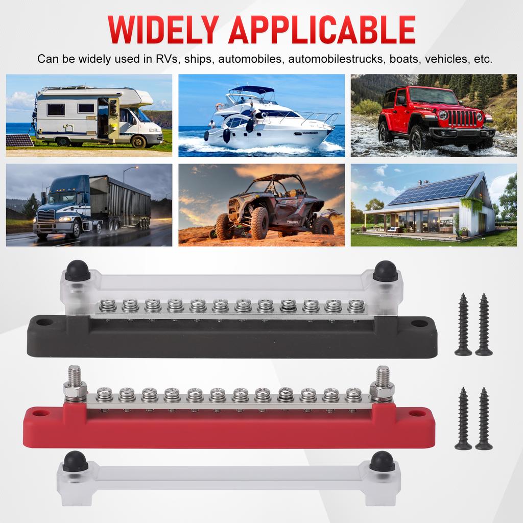 12Way Terminal Bus Bar M6 Stud Power Distribution Block 12-48V 150A DC Electrical BusBar with Cover For Truck Boat Car Camper RV