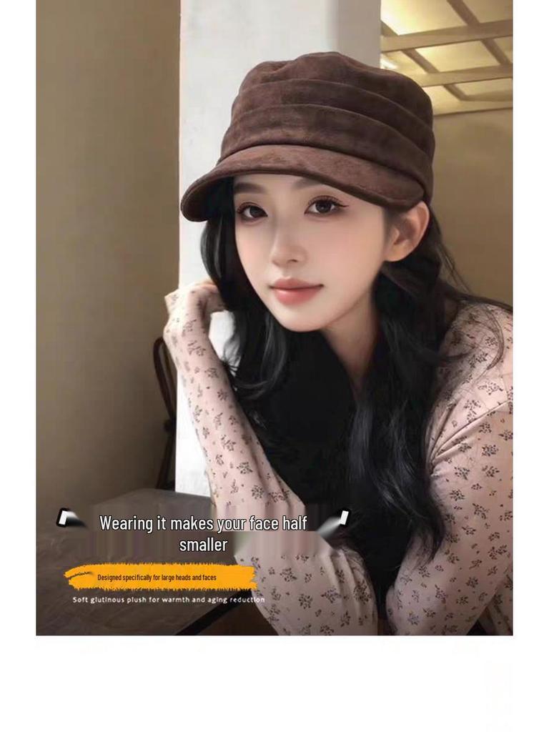 Korean Hot Style Suede Octagonal Equestrian Cap for Women - Slimming, Versatile Spring/Autumn Duckbill Design