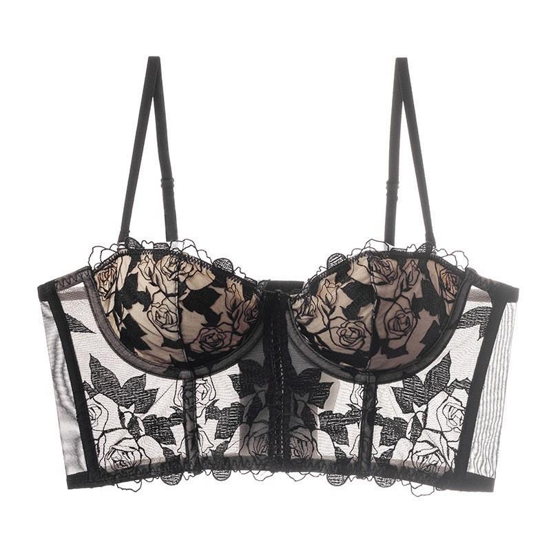 

French sexy underwear flower embroidery lace soft steel ring bra small breasts gathered together anti-sagging bra cover S чорний