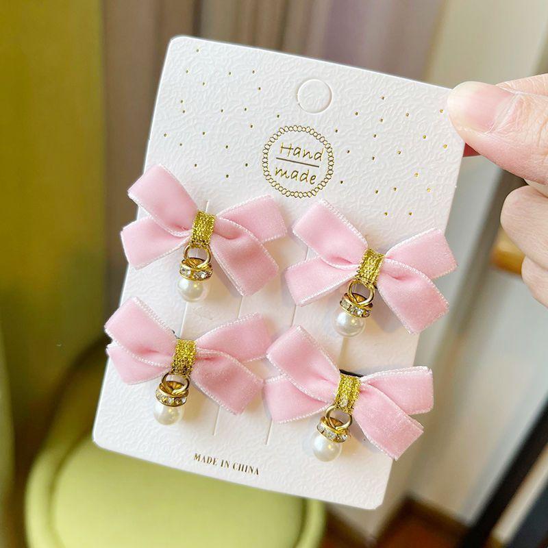 4PCS Lovely Velvet Bow Beads Baby Hairpins Kids Hair Clips Children Headwear Princess Barrette Girls Hair Accessories