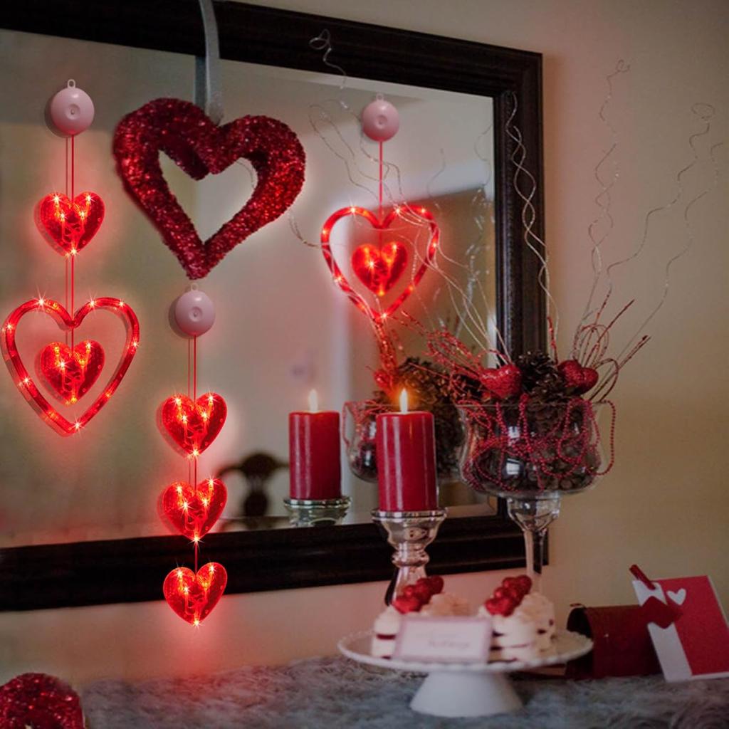 Homeleo 3-Pack Red Heart Window Lights for Valentine's Day Decor, Romantic Heart Shaped Hanging Lights w/Suction Cup for Wedding Anniversary Party