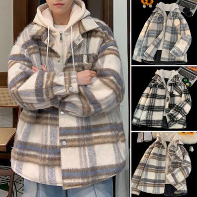 Men Jacket Hooded Fake Two-Piece Plaid Pattern Zipper Button Closure Coat Street Style Loose Fit Outerwear