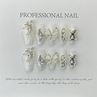 Conjunto de unhas postiças 100% FEITO À MÃO com cola Unhas de fototerapia Cristal Borboleta Retro Barroco Cola de gesso Manicure Mão Desgaste Adesivos de unhas