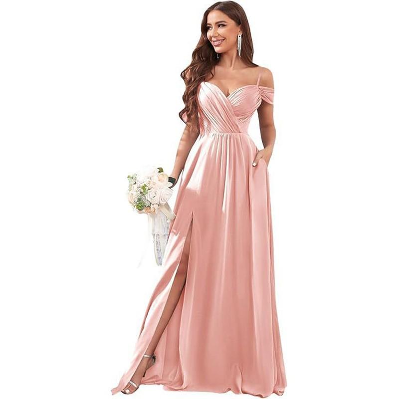 1011 new evening dress European and American bridesmaid dress suspender long dress solid color banquet evening dress