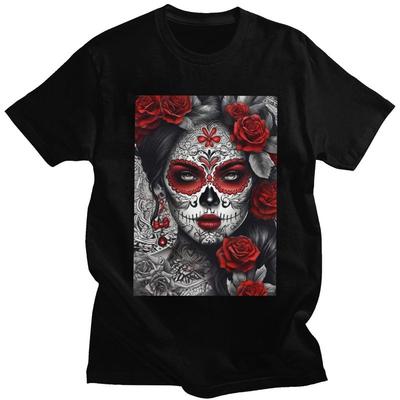 Individuelles Mexikanisches Catrina Zuckerschädel Dame T-Shirt für Herren Kurzarm Lässiges T-Shirt T-Shirts Slim Fit Reines Baumwoll-T-Shirts Geschenk