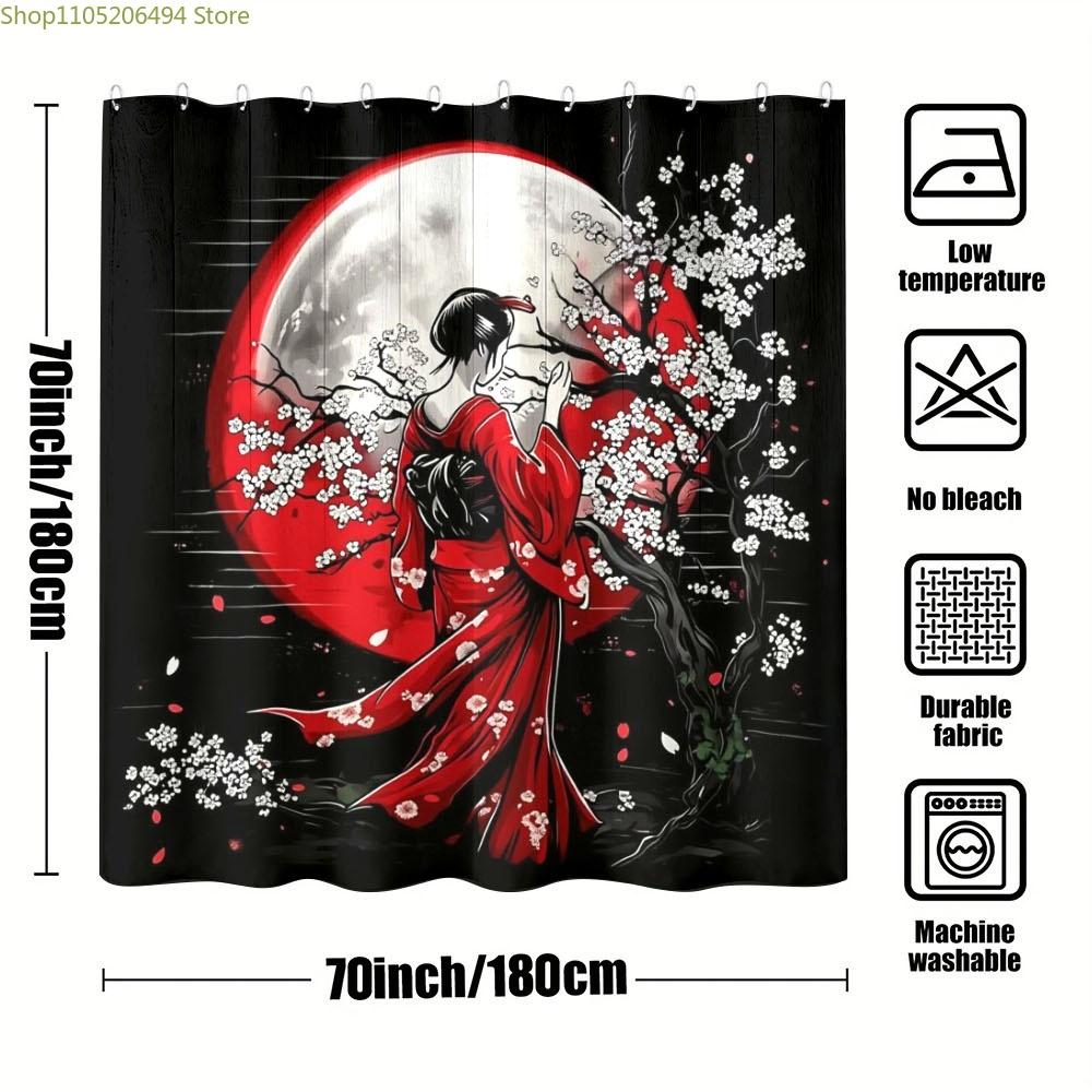 1pc Japanese Kimono & Cherry Blossom Shower Curtain, 180x180cm, with 12 Hooks, Traditional Aesthetic Style for Bathroom Use, B