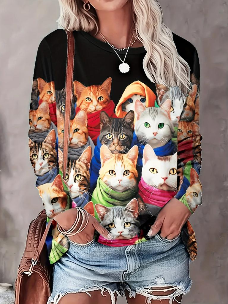 Fashion 3D cat print women's casual round neck long sleeved T-shirt