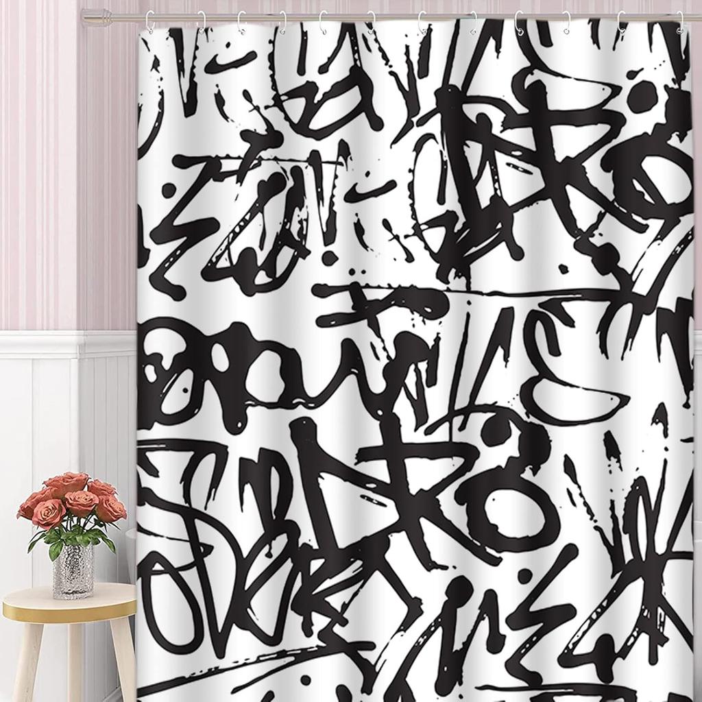 Duschdraperi med graffiti- och abstrakt tryck Vintage Old School Svart Polyestertyg Badrumsgardin Med Krok