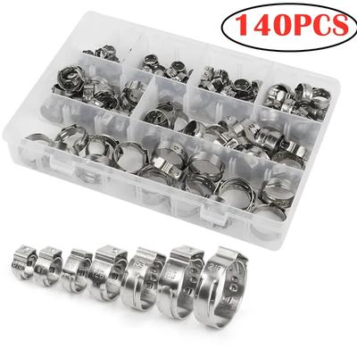 140pcs Single Ear Stepless Hose Clamps 7-21mm 304 Stainless Steel Hose Clamps Cinch Clamp Rings or 1PC Hose Clip Clamp Pliers
