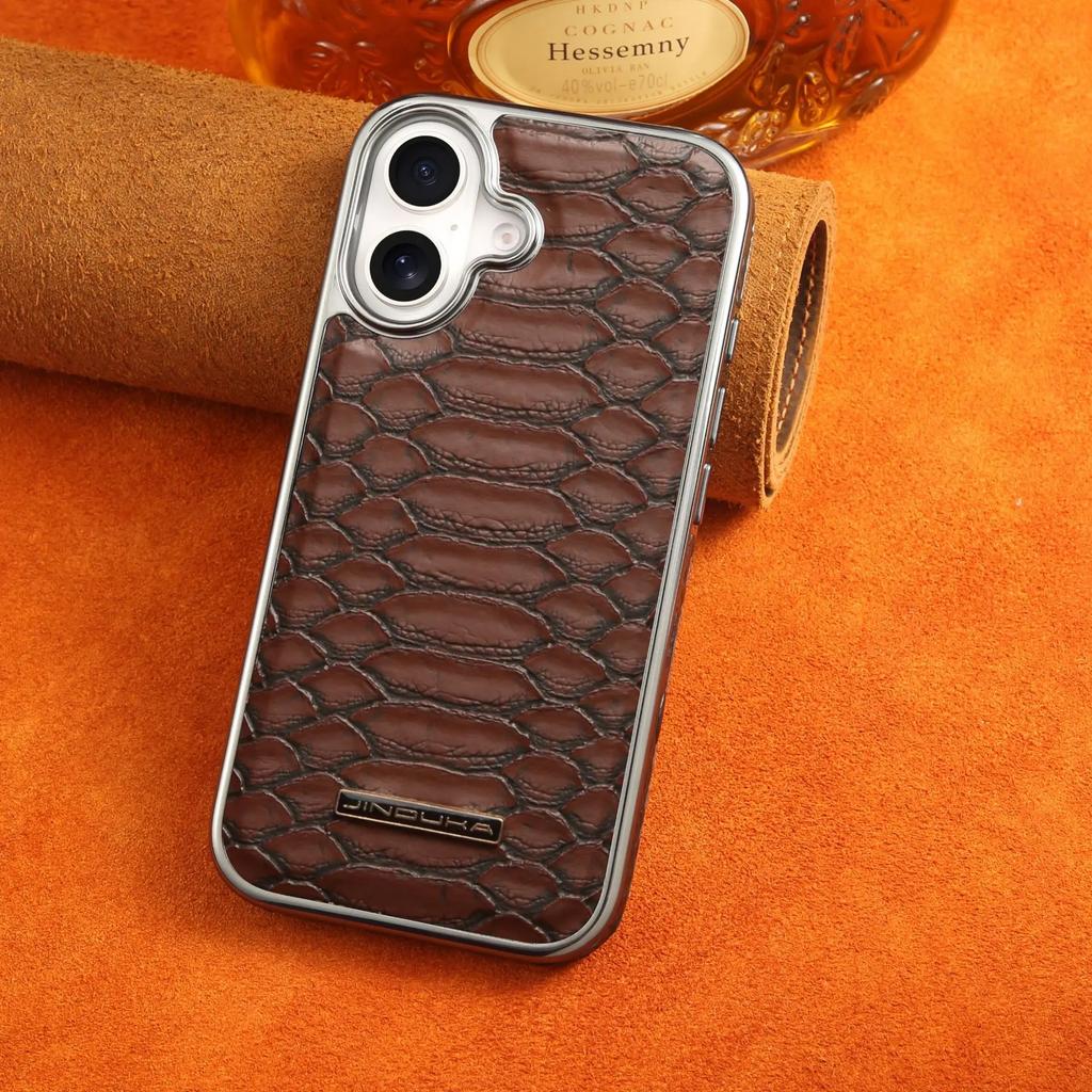 Snakeskin Pattern Leather Case for IPhone 16 Pro Max 17 Air 16 Plus 15 14 13 12 High-end All-inclusive Plating Bumper Hard Cover