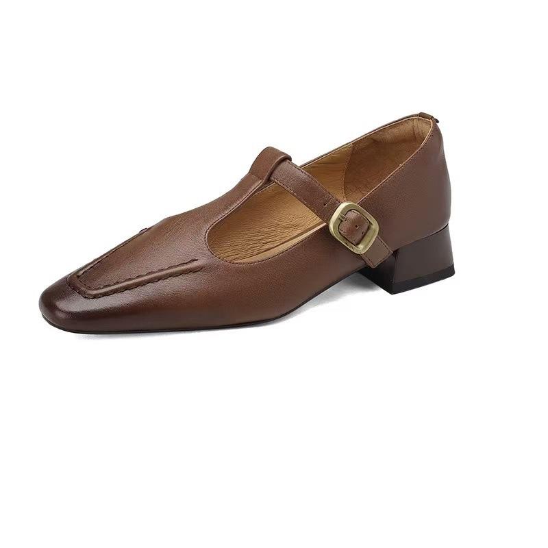 Korean Version of Soft Leather Retro Square Head Single Shoes Women's 2025 Summer New Thick Heel Soft Sole T-shaped Buckle Small Leather Shoes Women