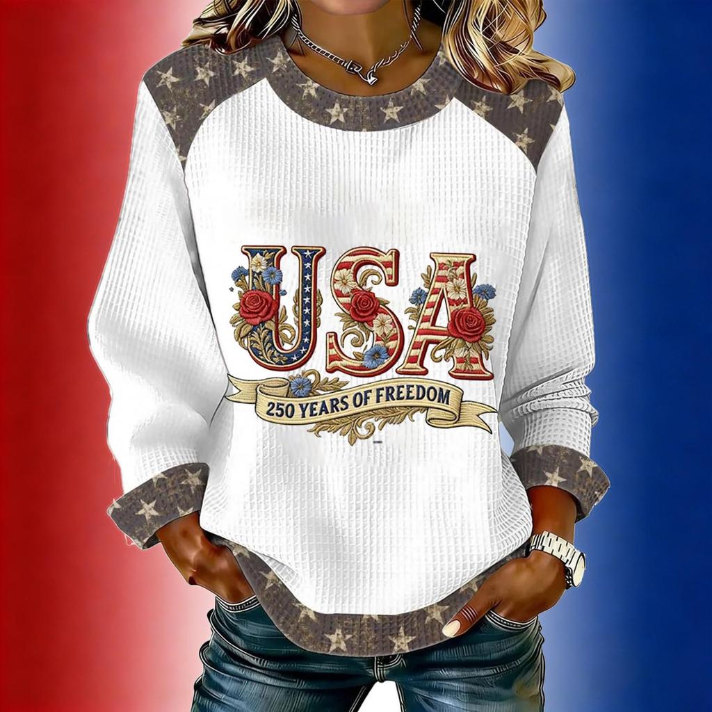 Women's long-sleeved fashionable casual everyday Independence Day printed top