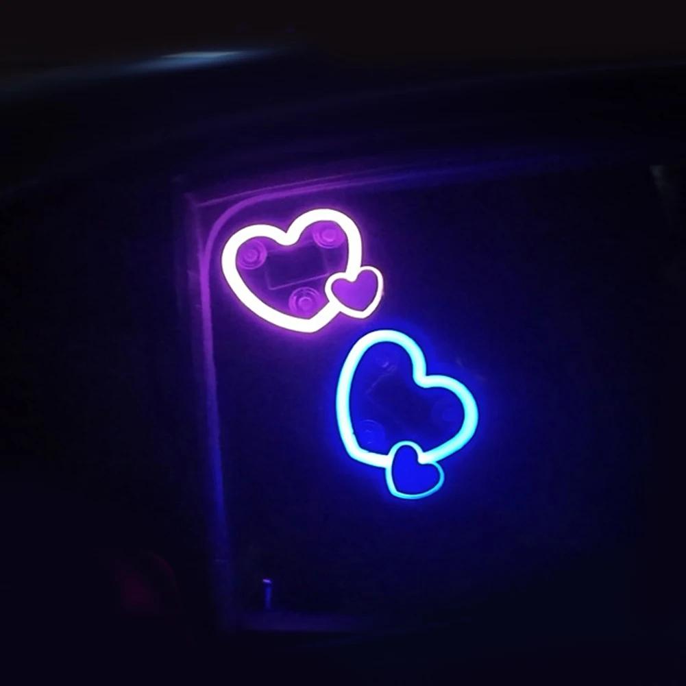 Dual Heart Shape LED Solar Car Interior Atmosphere Light USB Powered Neon Window Decorative Lamp Auto Decor Accessories