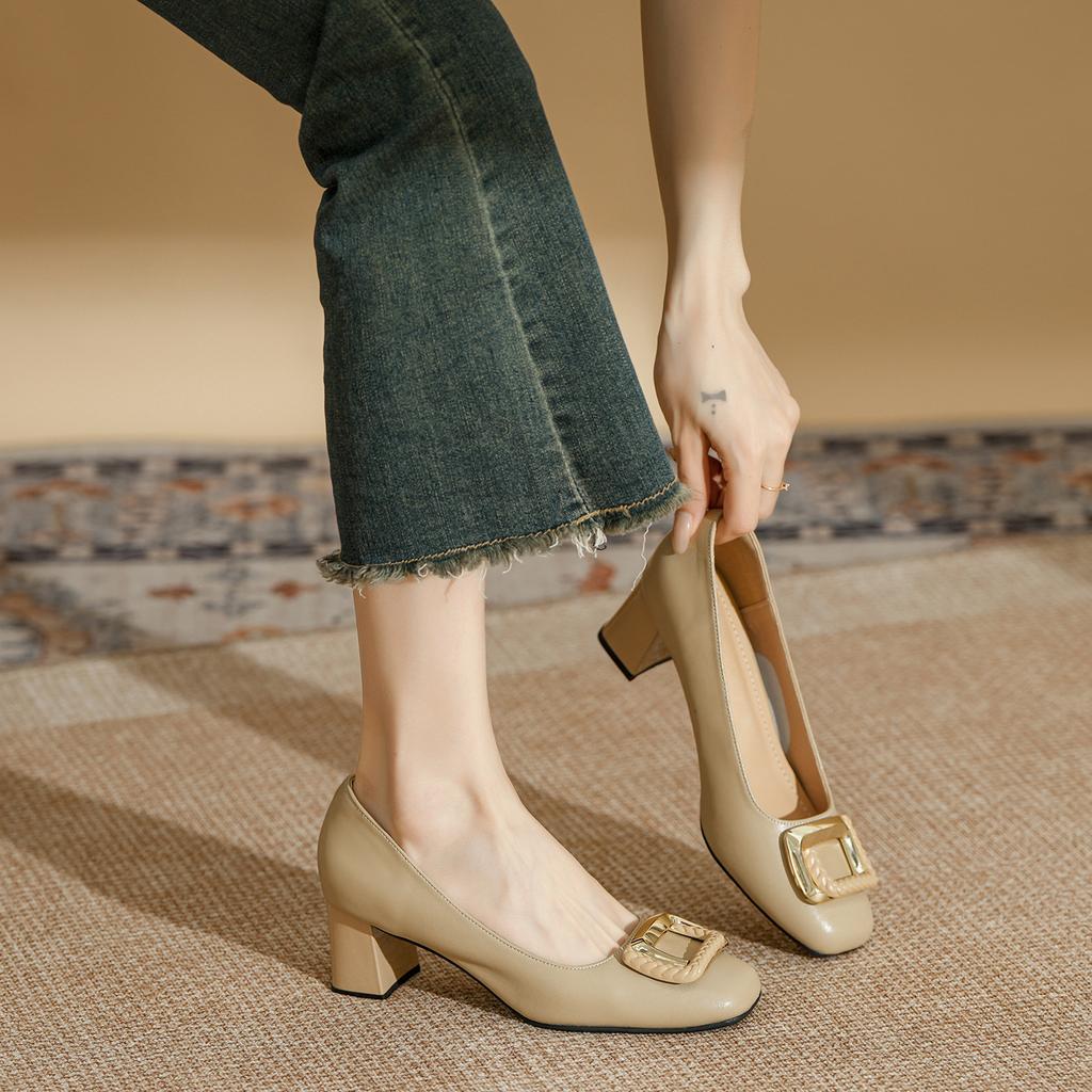 Leather Square Head French Thick Heel High Heels Women's Buckle Shallow Mouth Spring and Autumn Versatile Commute To Work Thick Low Heel Single Shoes