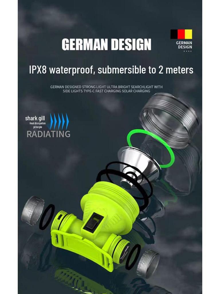 High-Lumen LED Outdoor Headlamp for Climbing, Fishing, and Diving, Featuring Strong Light and Long Battery Life