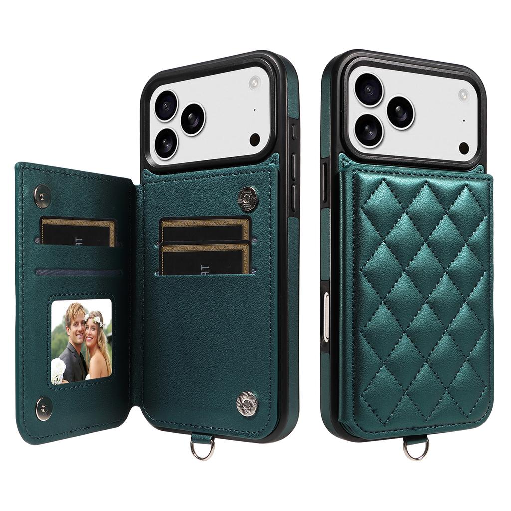 For iPhone 17 Pro Max Case Card Bag Kickstand Leather Coated TPU Phone Cover with Wrist Strap