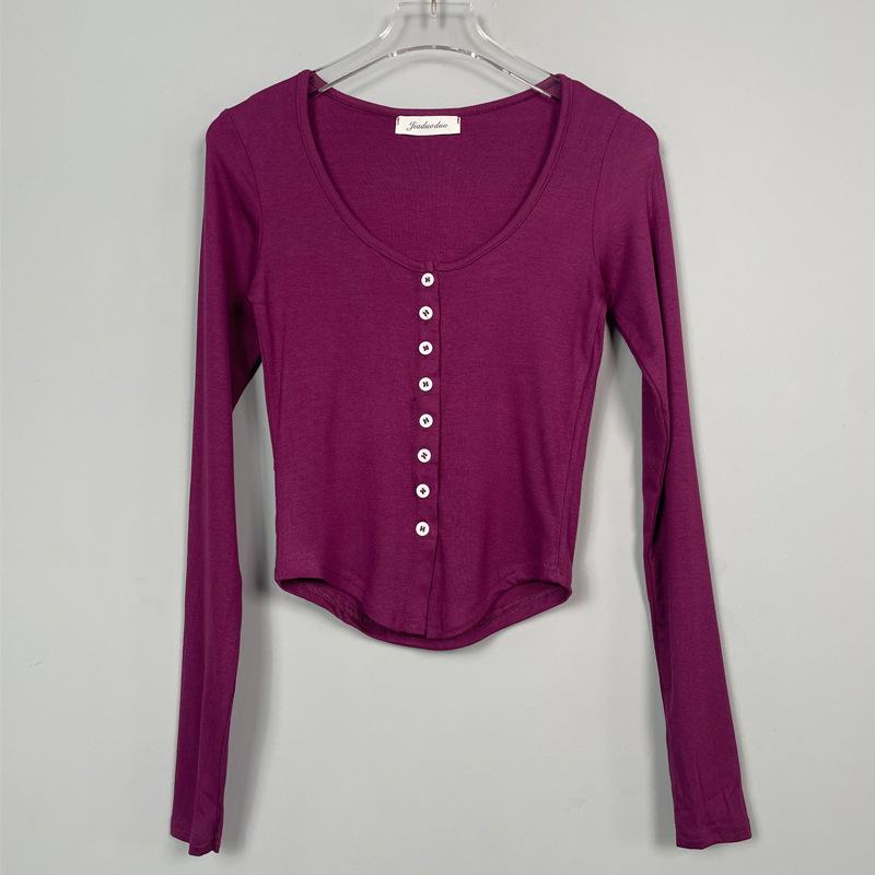 Korean Dongdaemun Retro Dark Purple Sexy Half-Open Collar Tight Long-Sleeve Cardigan Top