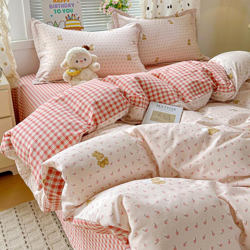 100 pure cotton four-piece set, new cotton quilt cover, bed sheet, bed hat, student dormitory single bed three-piece set 1